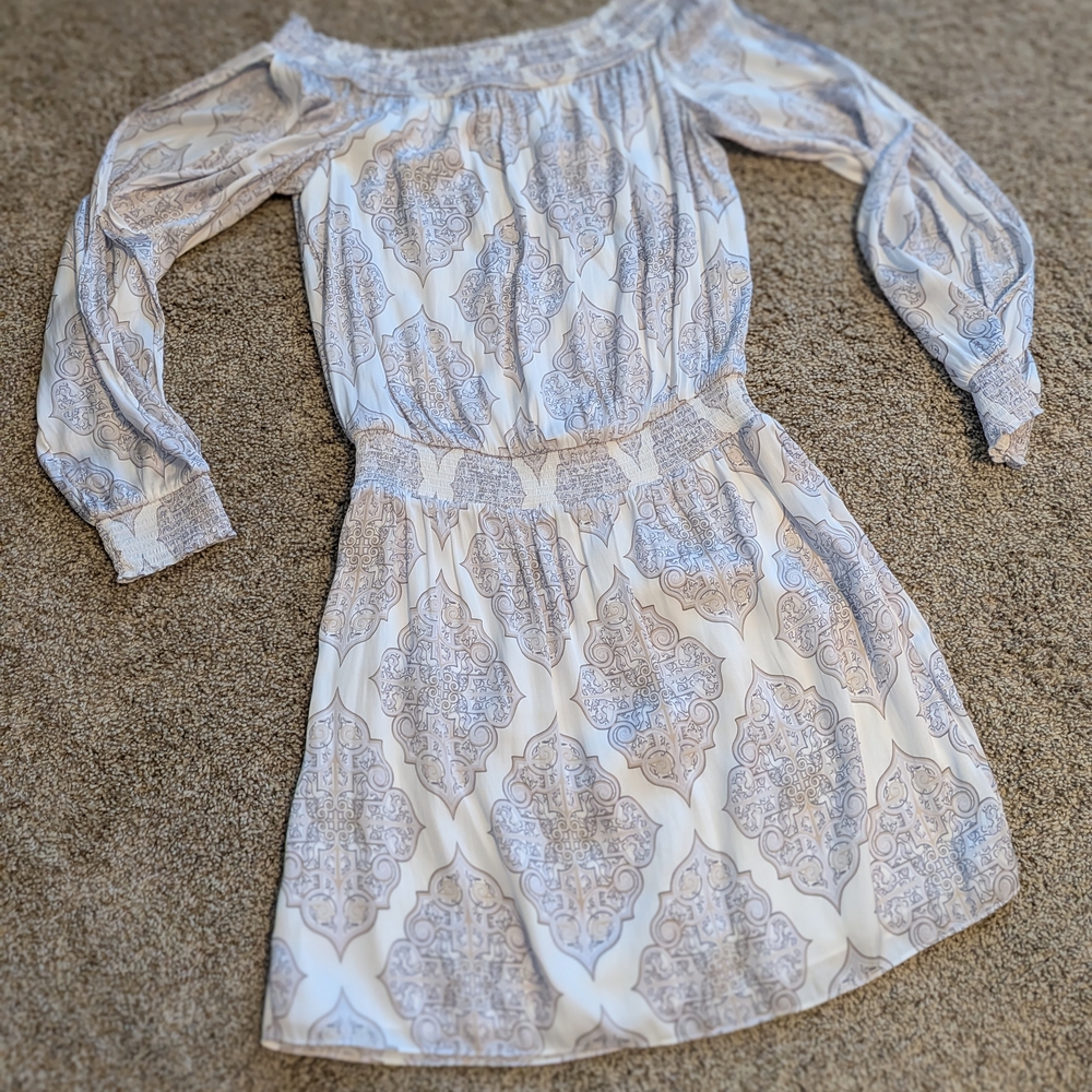 White House Black Market Cream Off-Shoulder Smocked Dress